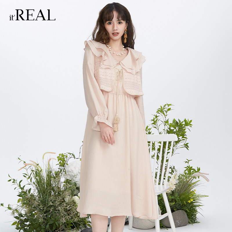 it'real瑞尔春新款花边领粉色连衣裙仙气质通勤长袖中长裙,淘宝优惠券,粉丝福利购,淘宝优惠卷