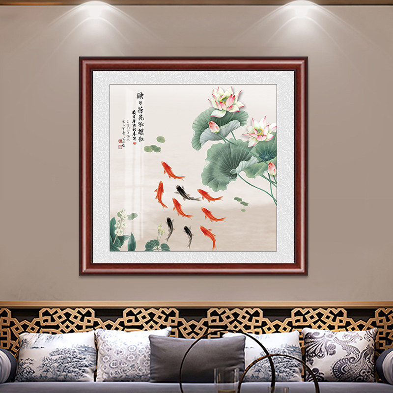 入户玄关装饰画九鱼图国画客厅卧室挂画新中式荷花风景走廊墙壁画_虎窝淘