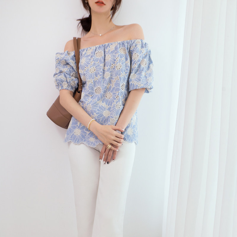 欧至雅韩式瑞丽通勤天蓝色露肩套衫 szozya欧至雅蕾丝衫/雪纺衫