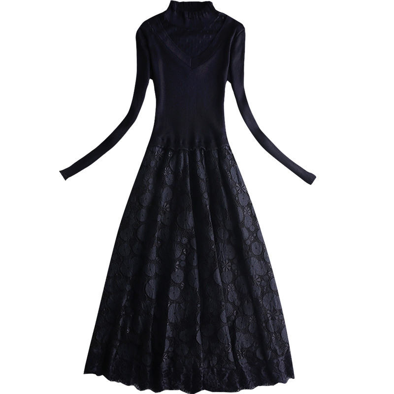 蕾丝针织连衣裙秋冬季2020新款毛衣 从度连衣裙