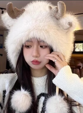 可爱女冬季加厚毛暖防寒鹿角帽