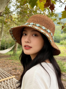 夏季法式花朵大檐防晒草帽女