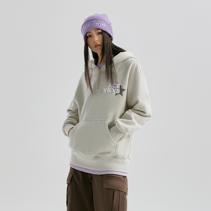 YKYB黄子韬冬连帽卫衣加绒潮拉链外套星星刺绣重磅落肩宽松帽衫 - 图1