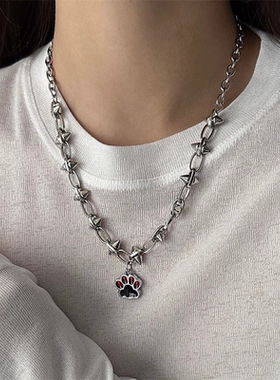 猫爪铆钉钛钢项链男辣妹锁骨链女