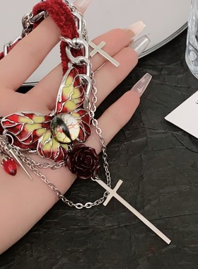 哥特风红色丝绒蝴蝶项链女