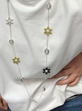 韩系简约撞色金银花朵项链女长款