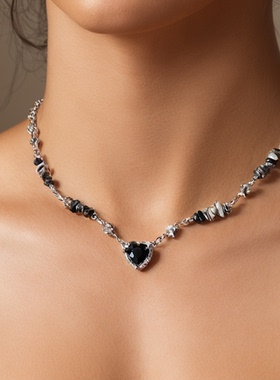 黑色星芒爱心项链街头高级感小众