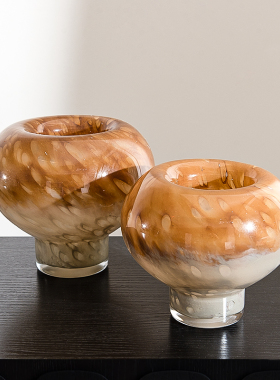 法式玻璃花瓶摆件中古风高级感琥珀色插花器样板间客厅茶几装饰品