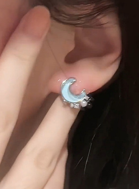 森系小清新蓝色星月耳夹女小巧百搭无耳洞耳环珍珠不对称耳饰