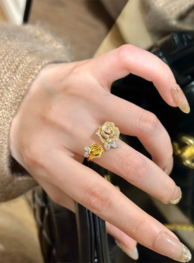 新中式闪钻双生玫瑰花戒指高级感