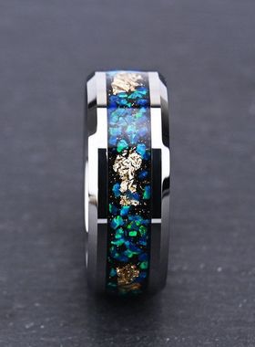 蓝色倒角平面男士戒指镶嵌轻奢宽欧珀加婚戒现货戒指金箔8钨钢