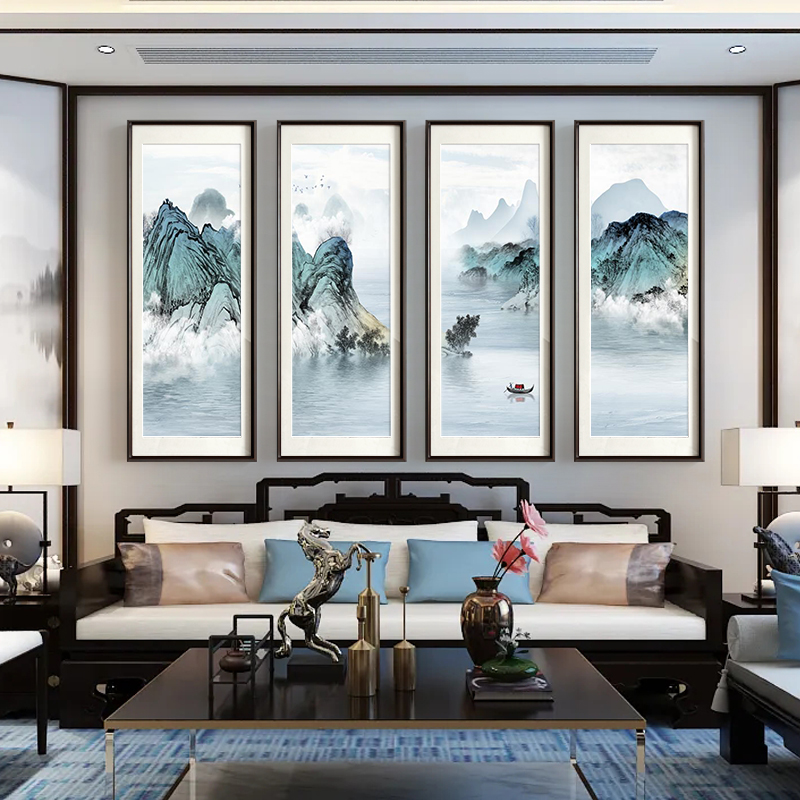 新中式原木框流水生财中堂客厅装饰画沙发挂画高档茶室壁画山水画