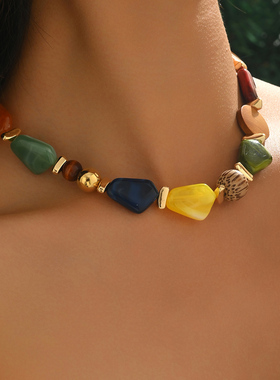时尚复古彩色树脂木质串珠项链