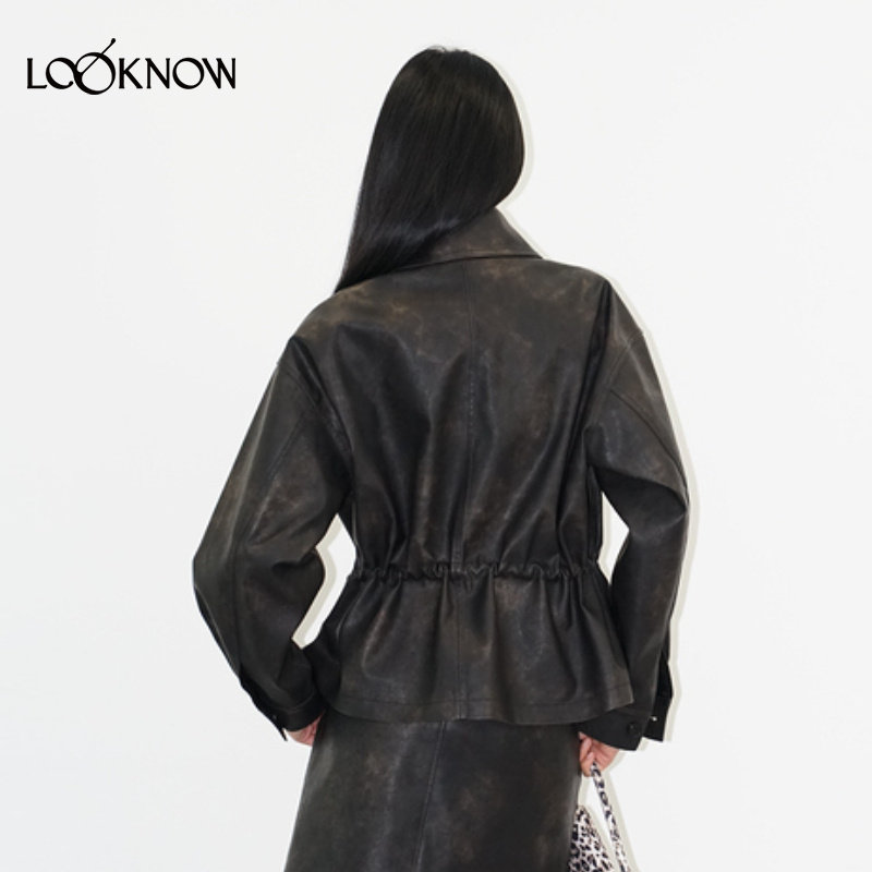 madeinormal X LOOKNOW2025秋冬新款黑色大翻领仿皮风衣抽绳外套,淘宝优惠券,粉丝福利购,淘宝优惠卷