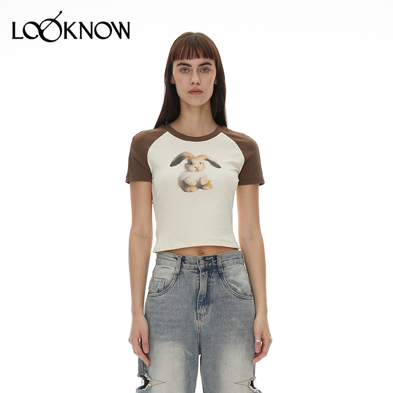 Matte Revolution×LOOKNOW合作款春夏兔子减龄美式复古短袖T恤女 - 图1