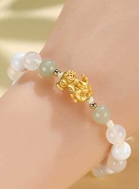 999银貔貅和田玉黑玛瑙串珠情侣手链女国风新中式白玛瑙手绳手串