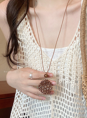 波西米亚民族风手工藤编吊坠项链女夏长款配裙子颈链海边度假配饰