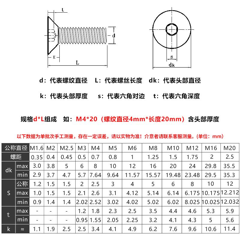 304不锈钢沉头内六角螺丝M1.6M5M10M16加长平头螺钉平杯六角螺栓