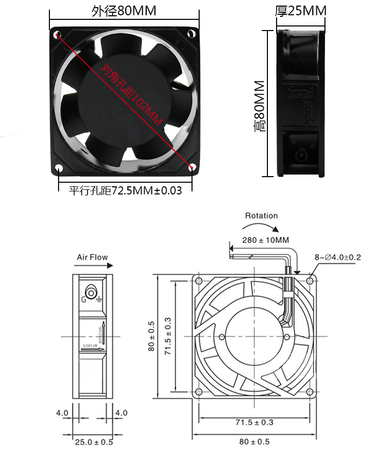 SHKT KT8025H P/N2082HBL/HSL 110V220V380V小型工业散热轴流风扇 - 图3