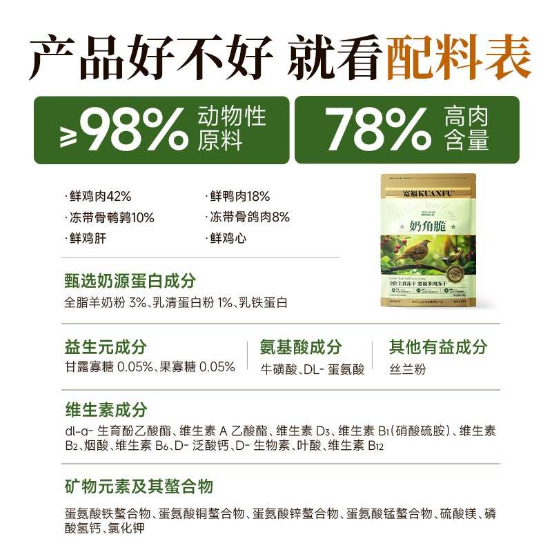 宽福奶角脆全价主食冻干生骨肉自然食谱多肉无谷猫粮鲜肉鸡肉鸭肉 - 图1