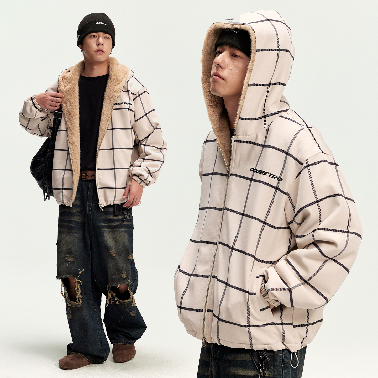 CoosRetro 美式复古潮流男士格纹连帽加绒夹克logo刺绣工装厚外套 - 图0