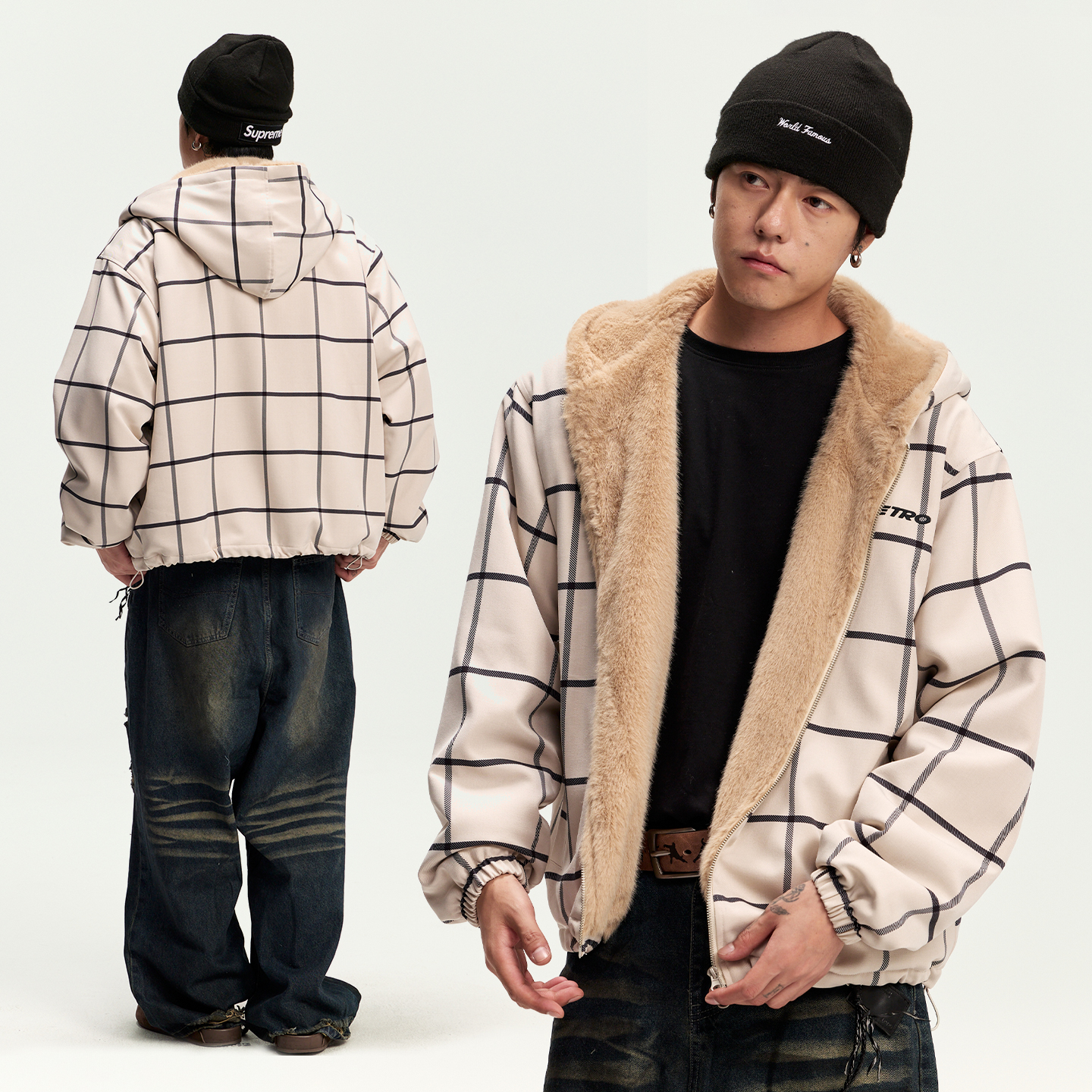 CoosRetro 美式复古潮流男士格纹连帽加绒夹克logo刺绣工装厚外套 - 图2