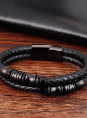 手链手环编织绳牛皮男士黑色个性皮手镯钛钢欧美双层真皮男复古扣