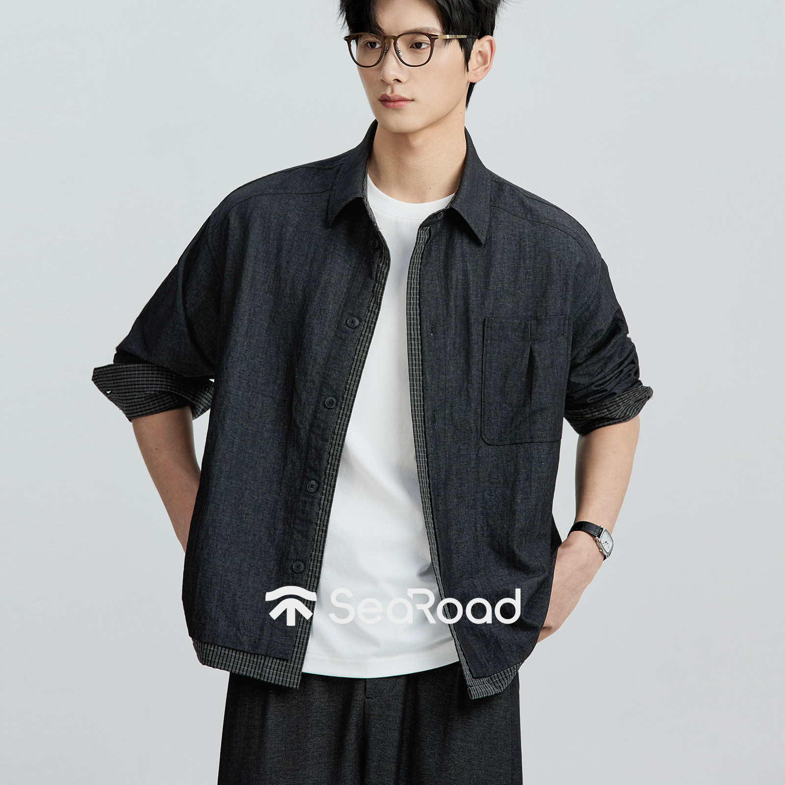 海上公路假两件拼格衬衫男士26年春季撞色微皱肌理感休闲长袖上衣