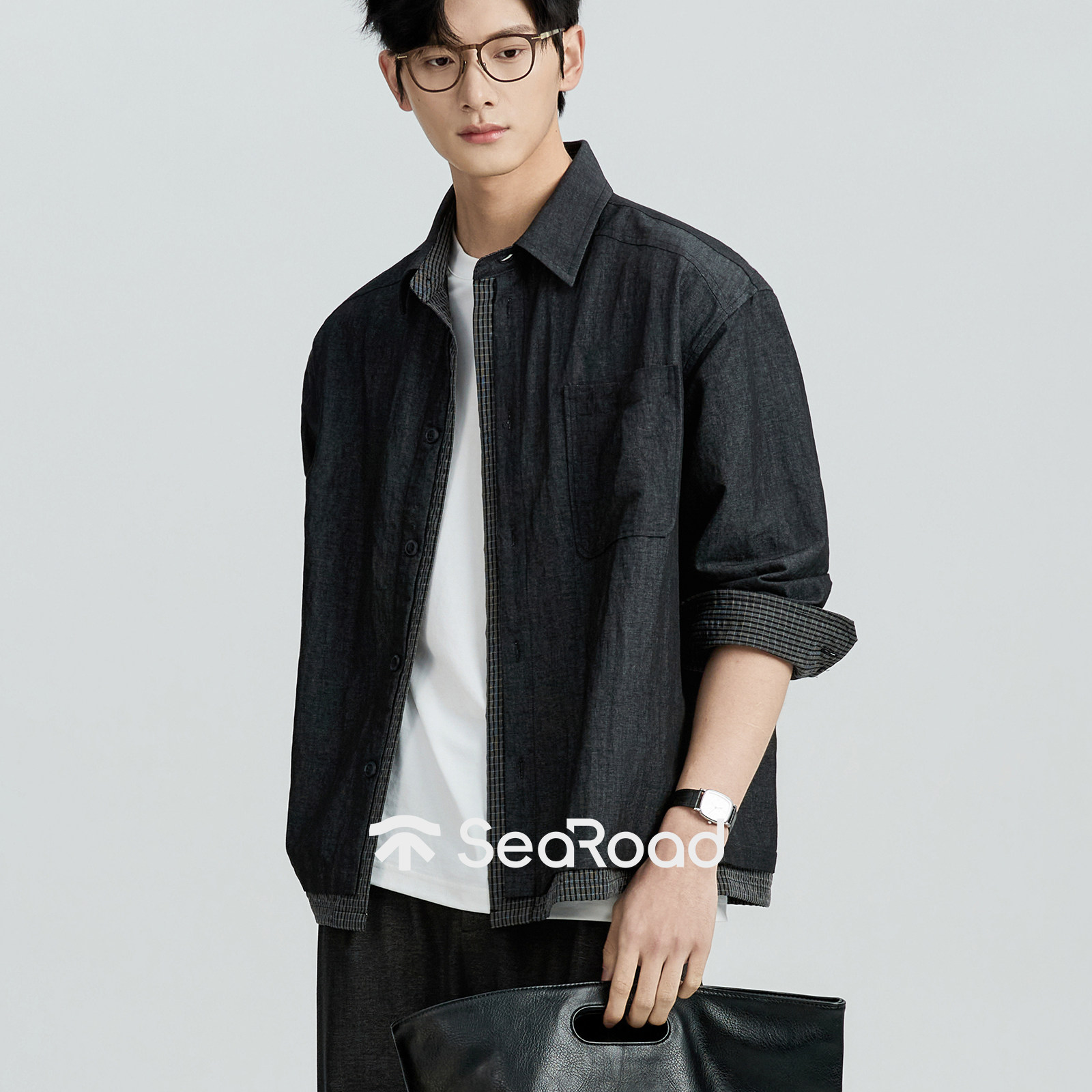 海上公路假两件拼格衬衫男士26年春季撞色微皱肌理感休闲长袖上衣