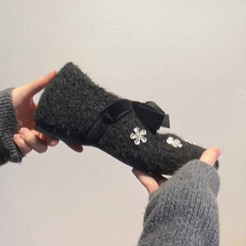 法式毛绒玛丽珍鞋女2025年冬季新款蝴蝶结水钻花朵豆豆鞋毛呢单鞋,淘宝优惠券,粉丝福利购,淘宝优惠卷