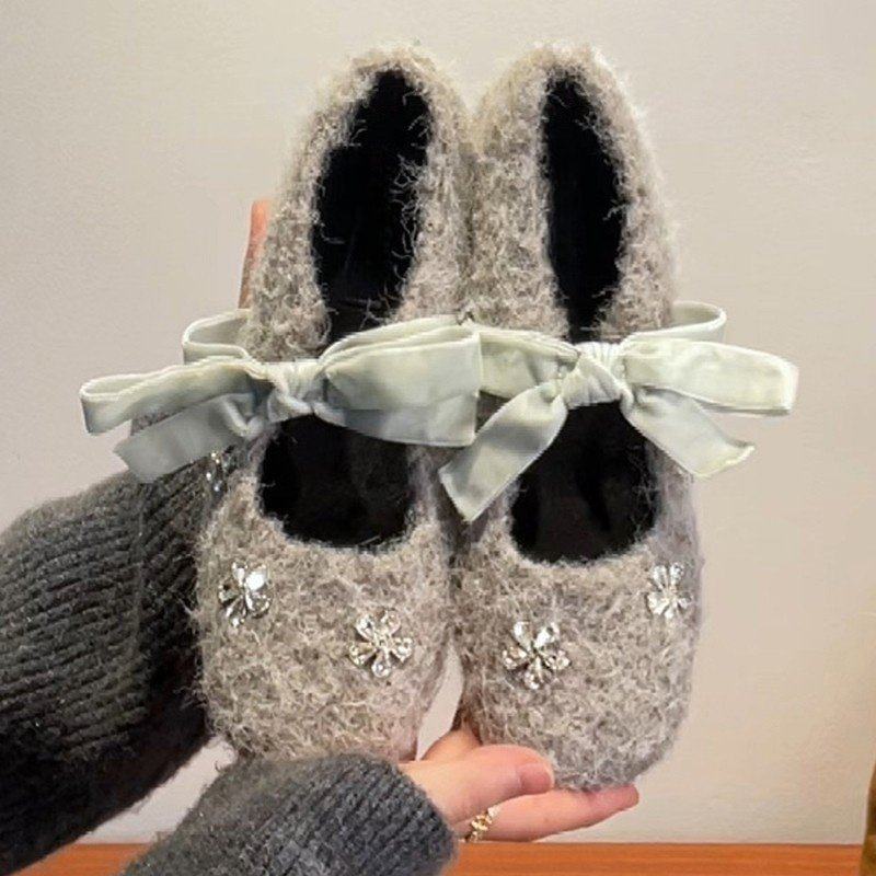 法式毛绒玛丽珍鞋女2025年冬季新款蝴蝶结水钻花朵豆豆鞋毛呢单鞋,淘宝优惠券,粉丝福利购,淘宝优惠卷