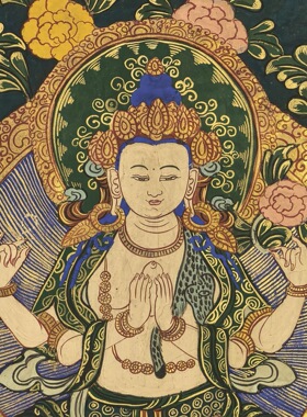 藏地院供【清末民初描金观音唐卡】大幅满工纯手绘矿物质染料