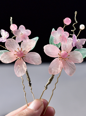桃花发钗子粉桃花神古风琉璃发饰