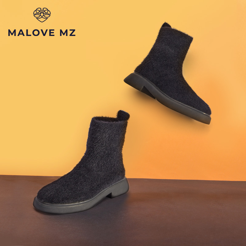MALOVE MZ瘦瘦靴泰迪熊毛毛短靴女2024冬季新款保暖厚底靴雪地靴