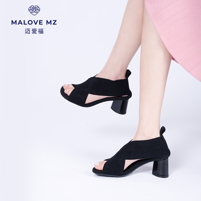 MALOVE MZ2024春夏款时尚复古粗跟露趾罗马凉鞋女软底鱼嘴高跟鞋 - 图1