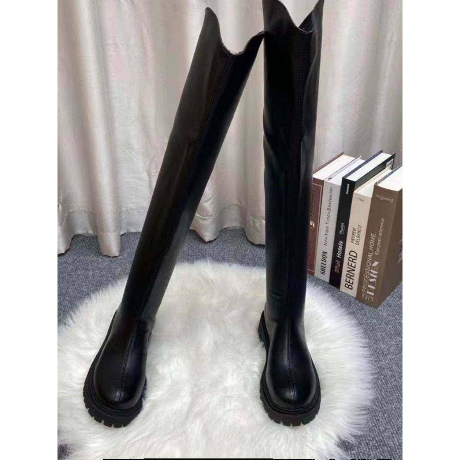 潮牌英伦风秋冬季新款马丁靴厚底显瘦长靴过膝平底真皮高筒骑士靴,淘宝优惠券,粉丝福利购,淘宝优惠卷