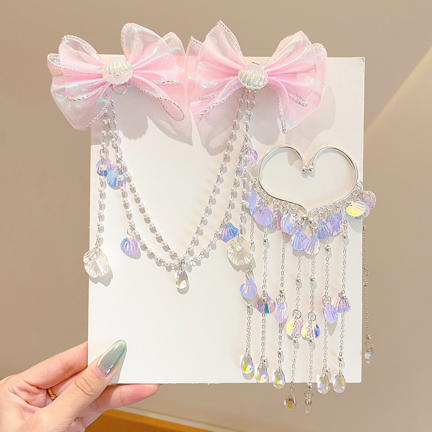 儿童美人鱼贝壳发夹女童公主风蝴蝶结流苏额头链头饰小女孩耳挂,淘宝优惠券,粉丝福利购,淘宝优惠卷