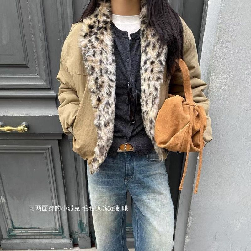 IN.choose u 笑笑家2025冬潮流通勤正反两穿派克服豹纹毛毛外套女 - 图0