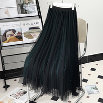 Net Yarn Nails Beads Half Body Dress Woman 2023 Temperament New High Waist Display Slim Autumn Winter Mid long dress A word long dress