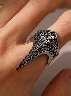FuGui 复古火焰图腾鹰嘴戒指潮男女款另类夸张霸气朋克风盔甲戒指