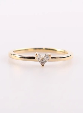 中古「95新」心形群镶钻石戒指K18黄金52号戒指高级BRANDOFF正品