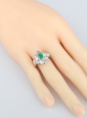 中古「95新」日本进口哥伦比亚祖母绿群镶钻石戒指Pt900K18黄金