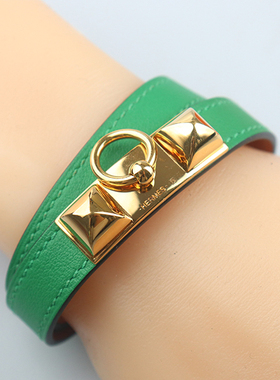 中古「9新」HERMES爱马仕 双圈手镯竹子绿EVERCOLOR皮M≈T3手环