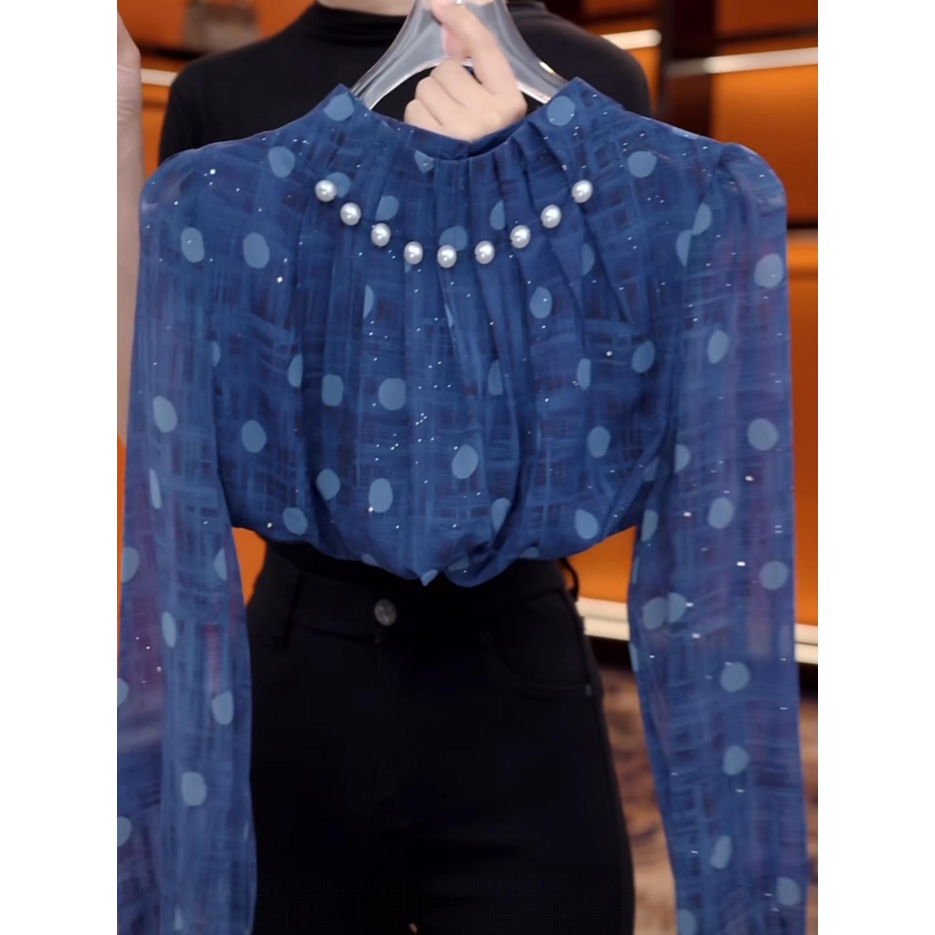 JOYIASS法式小资小上衣女2025春秋季新款波点钉珠设计蓝色立领洋 - 图2