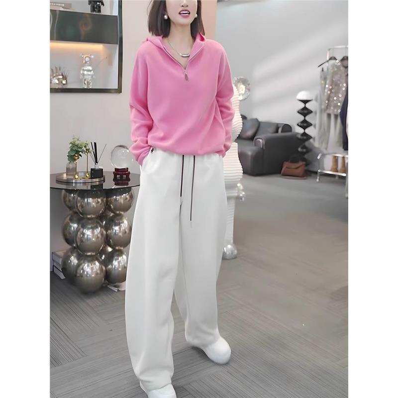 JOYIASS秋日ootd穿搭一整套2025洋气减龄粉色连帽卫衣阔腿休闲裤 - 图2