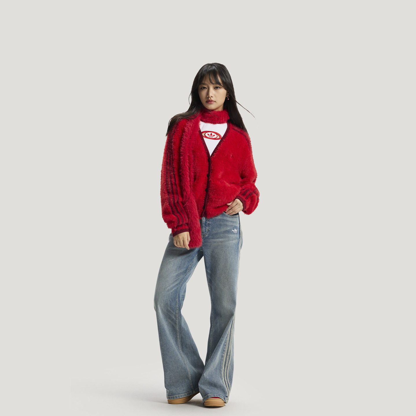 欧阳娜娜同款新年款毛绒针织毛衣开衫外套女adidas阿迪达斯三叶草,淘宝优惠券,粉丝福利购,淘宝优惠卷