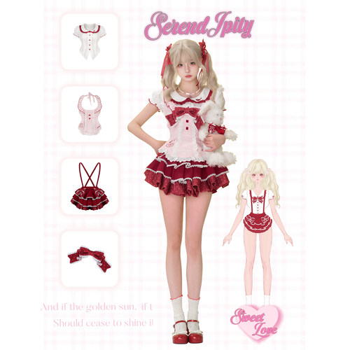 少女椰子草莓慕斯夏日穿搭套装短袖衬衫送蝴蝶结+围裙+波点背带裙 - 图2