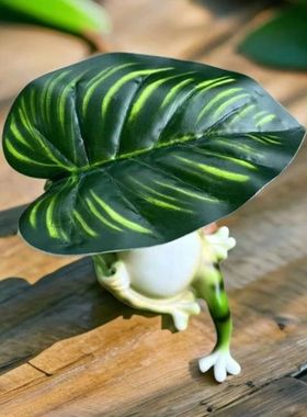 躺椅青蛙撑伞摆件度假休闲松弛感树叶乘凉仿真蛤蟆摆件鱼缸微景