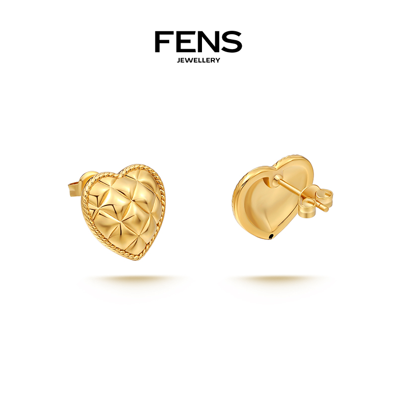 【618狂欢】FENS珠宝 18K金耳饰复古菱格爱心耳钉小众设计耳环-图1