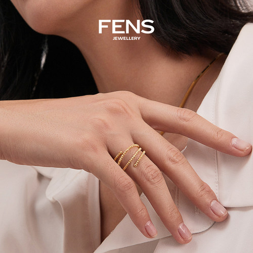 FENS珠宝 18K金戒指女小众弹簧珠珠指环叠戴饰品 - 图1